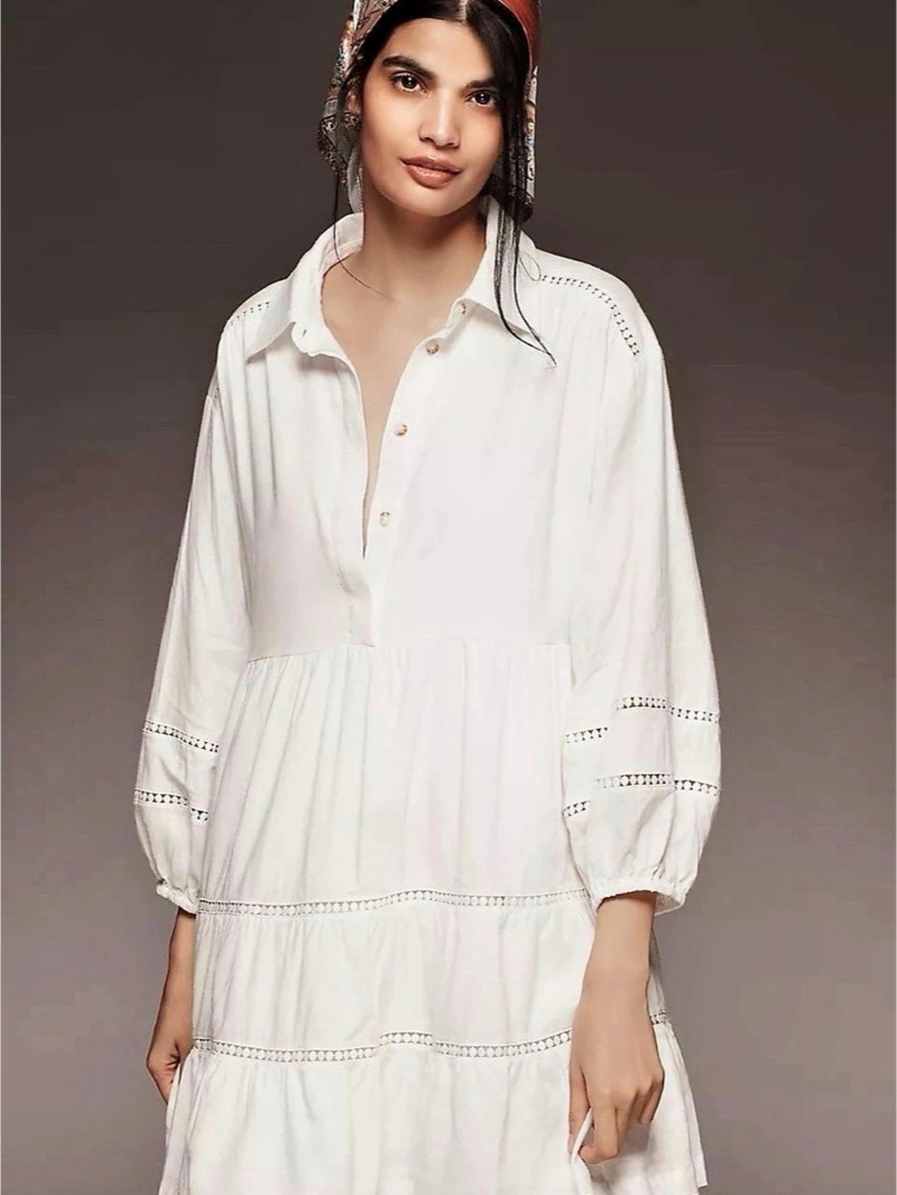 Anthropologie Maeve Bettina Linen Blend Tiered Mini Shirt Dress White
Size M